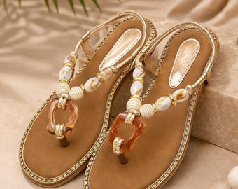 Sandalias bohemias con tira en T y cuentas, hechas a mano – Sandalias planas de playa artesanales para mujer