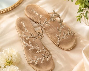 Crystal Leaf Embellished Flat Sandals | Bridal Wedding Resort Footwear