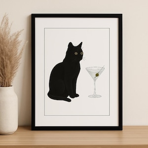 マティーニを持つ黒猫 – バスルーム、キッチン、リビングルーム、ペットセンター、デスクトップ用のデジタルダウンロード