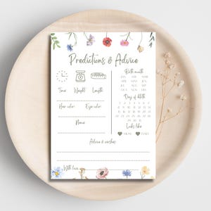 Carte de prédictions et de conseils pour bébés fleurs sauvages - modèle de prédictions de bébé imprimable, jeu modifiable pour baby shower, téléchargement immédiat Canva