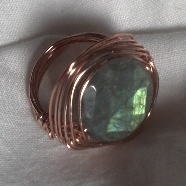 The FLASHING -  Labradorite AAA Rose Gold Ring with Herringbone weave Size 7 Free Shipping