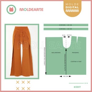 May include: A pair of orange-brown wide-leg trousers with a tie waist, shown with a sewing pattern diagram. The diagram includes measurements in centimetres and Spanish text, with the brand name "MOLDEARTE" visible.