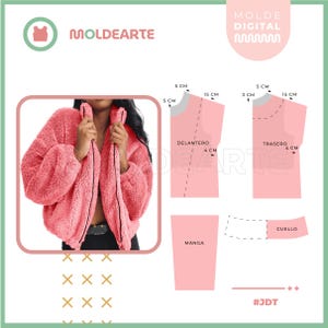 May include: A pink, fluffy jacket with a zipper is shown next to a pattern diagram. The diagram includes measurements in centimeters for the front, back, sleeve, and collar pieces. The text "MOLDEARTE" is displayed in the image.