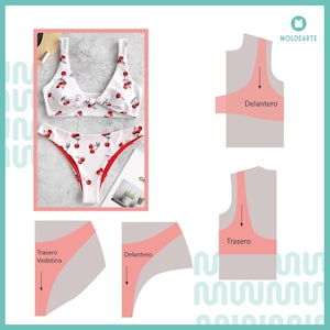 Pode incluir: Conjunto de biquíni branco com estampa de cerejas. A parte de cima tem um nó na frente e a parte de baixo é reversível com o interior vermelho. A imagem também inclui diagramas rotulados como "Delantero" e "Trasero Vedetina".