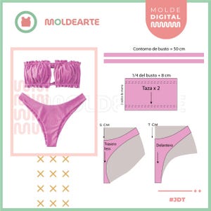 May include: A pink two-piece swimsuit with a ruffled bandeau top and high-cut bottoms. The image also includes a diagram with measurements in centimeters and the text "MOLDEARTE" and "MOLDE DIGITAL".