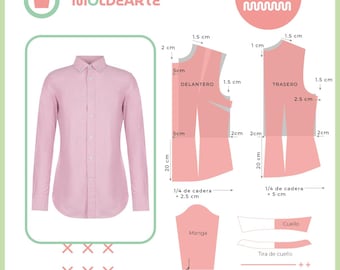 May include: A pink long-sleeve button-down shirt next to a pattern diagram. The diagram shows the front and back of a shirt, sleeve, collar, and cuff patterns with measurements in centimeters. The text "MOLDEARTE" and "MOLDE DIGITAL" are visible.
