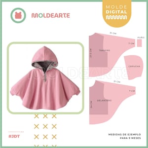 Puede incluir: Un poncho rosa con capucha y cierre de cremallera, mostrado con piezas de patrón y medidas. El texto "MOLDEARTE" es visible, junto con medidas en centímetros para un bebé de 9 meses. La capucha del poncho tiene un forro floral.