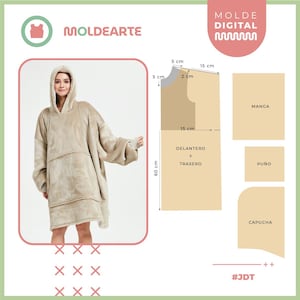 Può includere: Una coperta con cappuccio beige con una grande tasca, indossata da una persona. L'immagine include anche un modello per la coperta, con misure in centimetri, e il testo "MOLDEARTE" e "MOLDE DIGITAL".