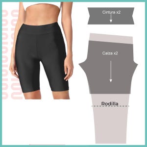 Puede incluir: Shorts de ciclista negros con cintura alta. Los shorts se muestran en una persona. A la derecha se muestra un patrón para los shorts, con el texto "Cintura x2", "Calza x2" y "Rodilla".