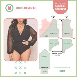 Puede incluir: Un body negro con mangas transparentes con lunares. La imagen incluye un diagrama con piezas de patrón y medidas en centímetros, junto con el texto "MOLDEARTE" y "MOLDE DIGITAL".
