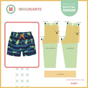 Puede incluir: Short de baño azul y verde con estampado de dinosaurios y cordón naranja. La imagen también incluye un diagrama de patrón con medidas en centímetros y el texto "MOLDEARTE" y "MOLDE DIGITAL".