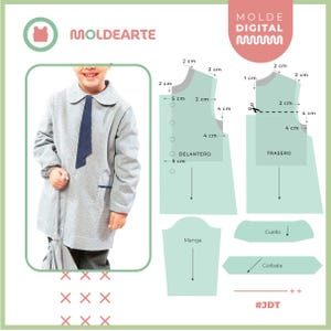 Puede incluir: Un uniforme escolar a cuadros azul claro y blanco con una corbata azul marino. La imagen también incluye un patrón digital para el uniforme, con medidas en centímetros, y el texto "MOLDEARTE".