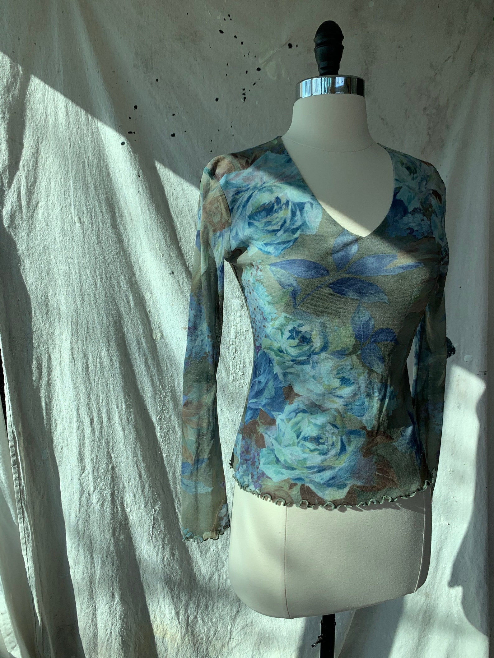 Y2K Floral Body Shirt. Mesh Fabric. Bell Sleeves. Vintage Body | Etsy