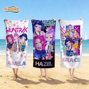 Serviette de plage personnalisée, serviette de plage Kpop Anime Girl, serviette Huntrix, serviette Rumi Mira pour enfant et fille, Kpop Demon Hunter, cadeau d'été anime fille