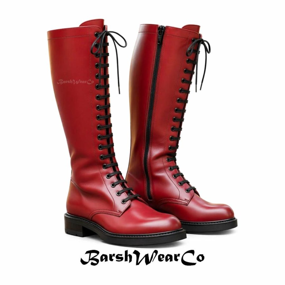 Medium Red Riding Boots Red Leather Knee-high Equestrian Boots | Lace-up Side Zipper Combat ...