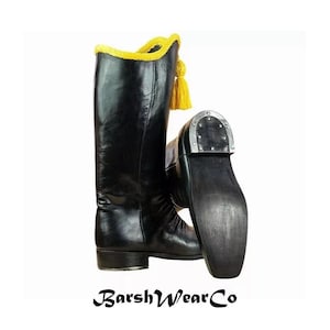 Handmade Black Leather Cavalry Boots: Gold Tassel Parade Costume