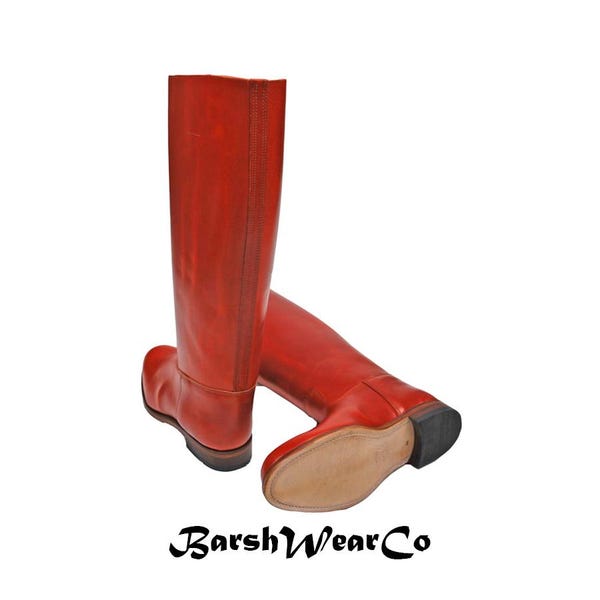 Handmade Red Leather Riding Boots: Vintage Equestrian Reenactment