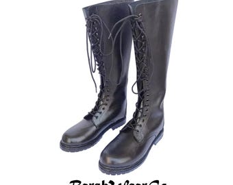 Handmade Black Leather Tall Lace-Up Boots: Military, Cosplay, Gothic