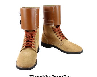 Handmade Suede Leather Lace-Up Boots: Vintage Style with Brown Cuff