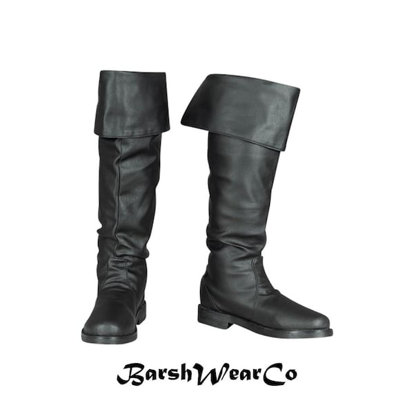 Handmade Black Leather Pirate Boots: Men's Renaissance Costume Jackboots