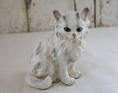 Vintage Cat Figure Kitten Long Hair grey white blue eyes Hand Painted Face Crazy Cat Lady Collection