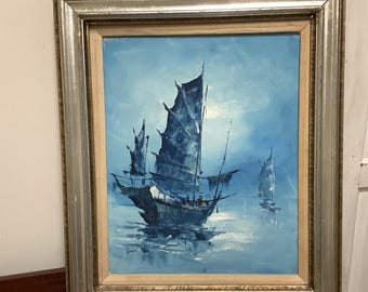 Oil Painting Signed Peter Lee Blue Ship Sailboats Working Boats