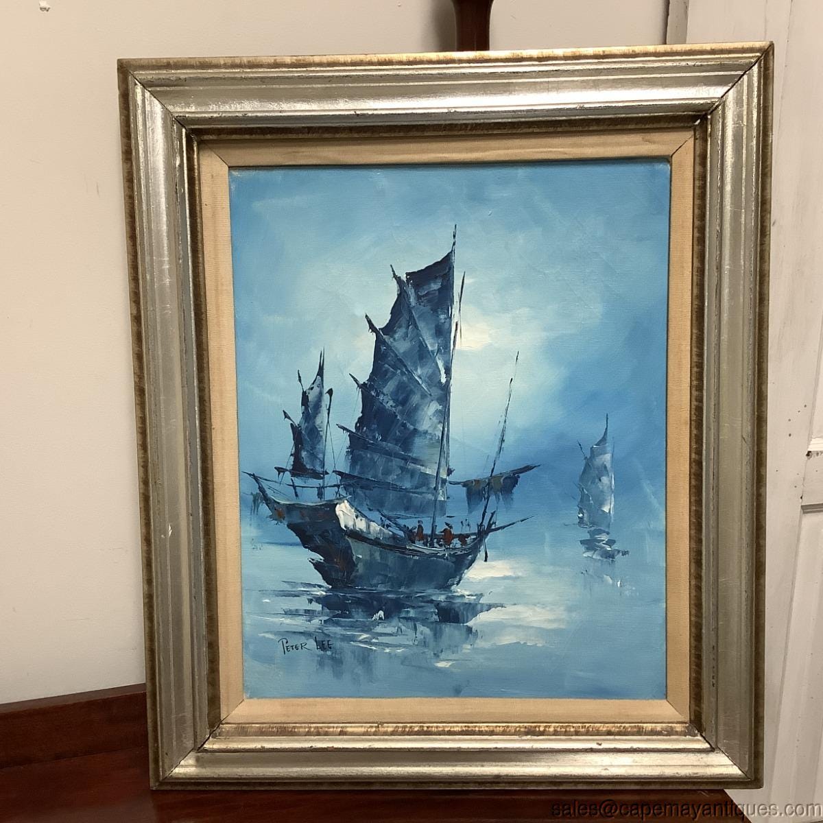 Oil Painting Signed Peter Lee Blue Ship Sailboats Working Boats
