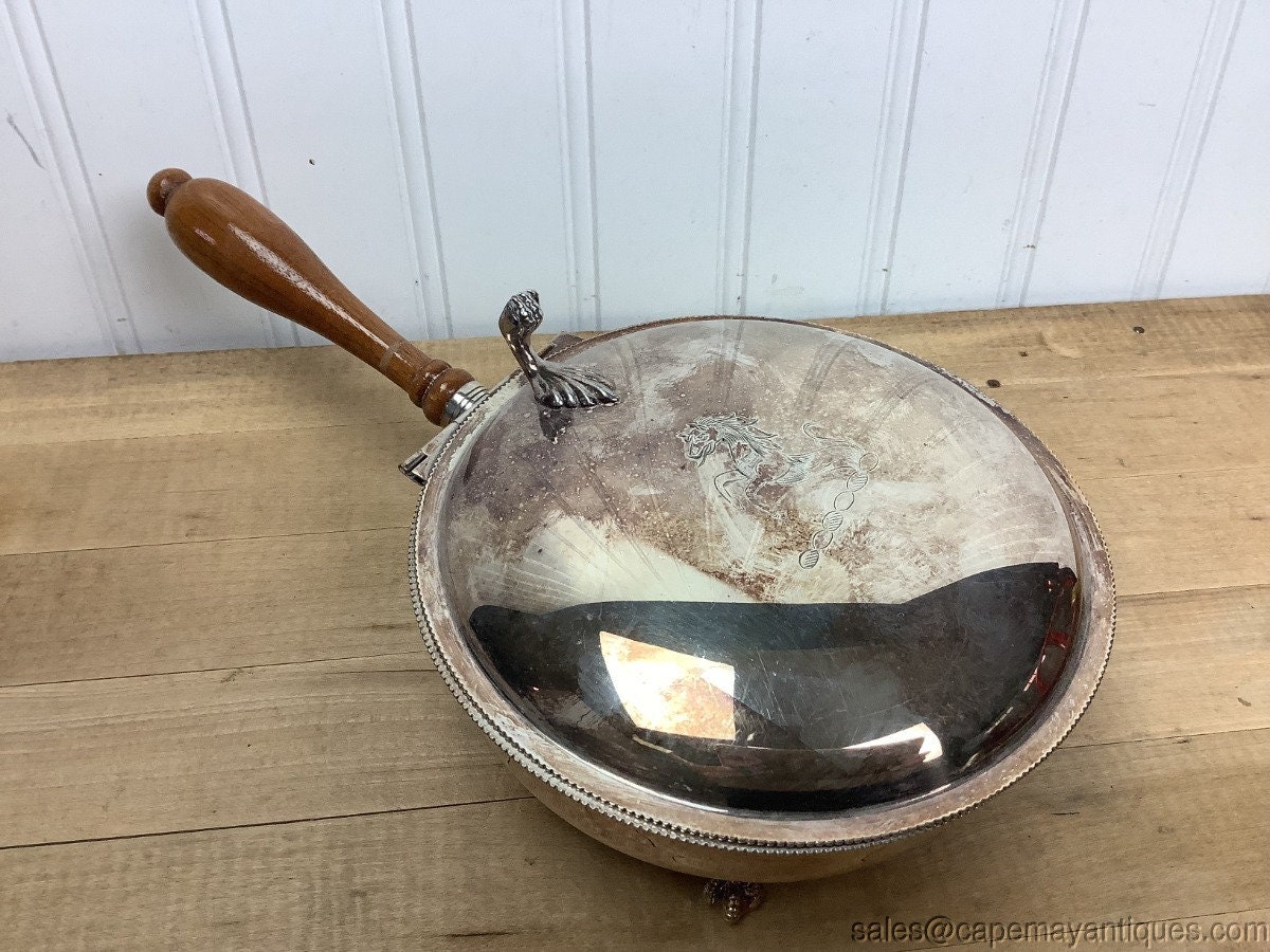 Small Crumb Pan With Wood Handle Silver Plated hinged Lid Etched Horse