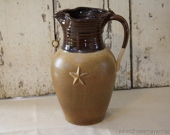 Stoneware Jug Large 2 Tone Brown Embossed Star Front Matte & Glazed 12&quot; Vintage