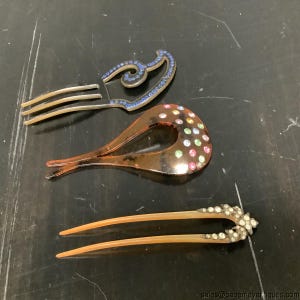 3 Art Deco Hair Combs Pin Blue Clear Multi Color Rhinestones Celluloid