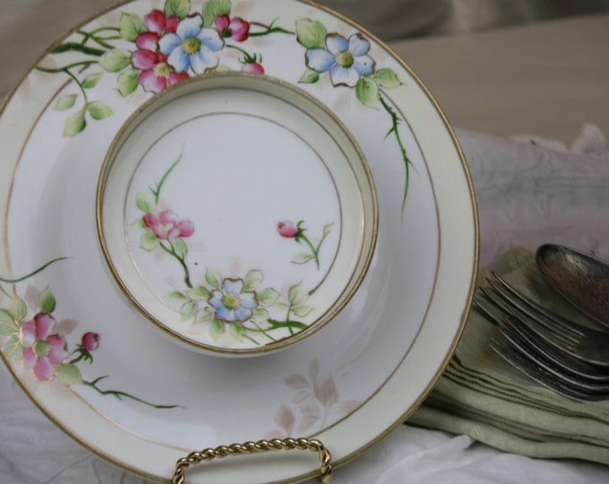 Nippon China Hand Painted Tiered Plate Dip Center Raised Bowl Florals