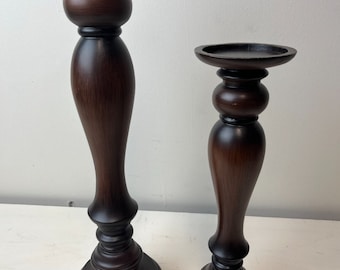 Pair Pillar Candlestick Holders Faux Wood Deep Brown Shade Resin Material 18" T