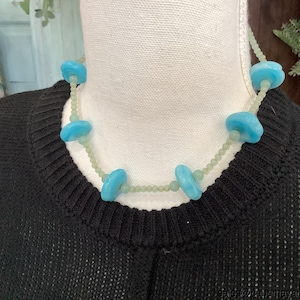 Vintage Blue Glass Choker Necklace Turquoise Discs Small Light Blue Beads
