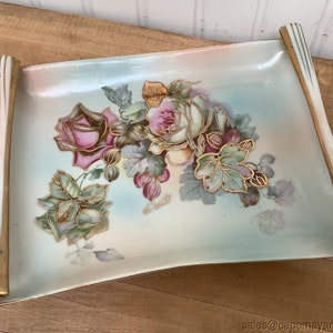 Vintage D&#39;Art Rolled Rim Small Tray Vanity Trinket Pink Roses Gold Enameled