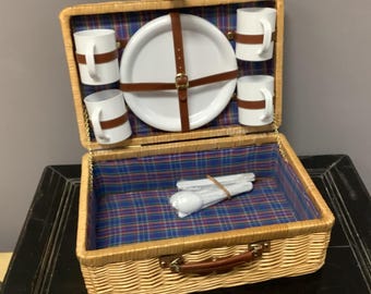 Vintage Wicker Picnic Baset White Plates Cups Utensils Plaid Interior Lining