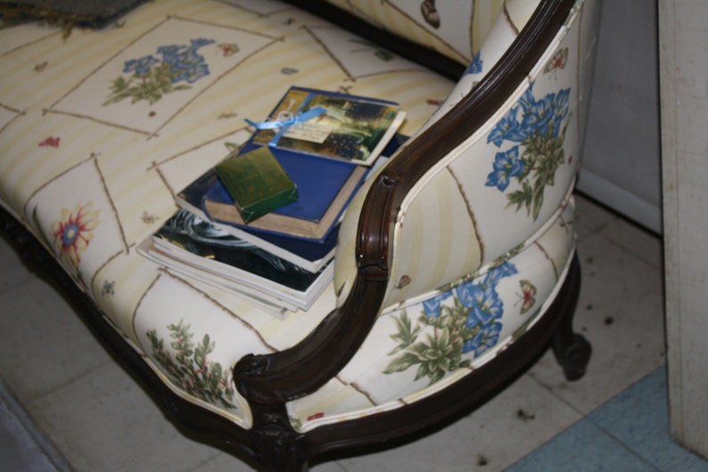 Victorian Sofa Settee Loveseat Carved Wood Frame Botanical Floral upholstery Yellow Stripes English Vintage Antique Seating