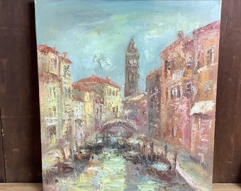 Vintage Impressionist Venice Canal Painting on Canvas European Artwork