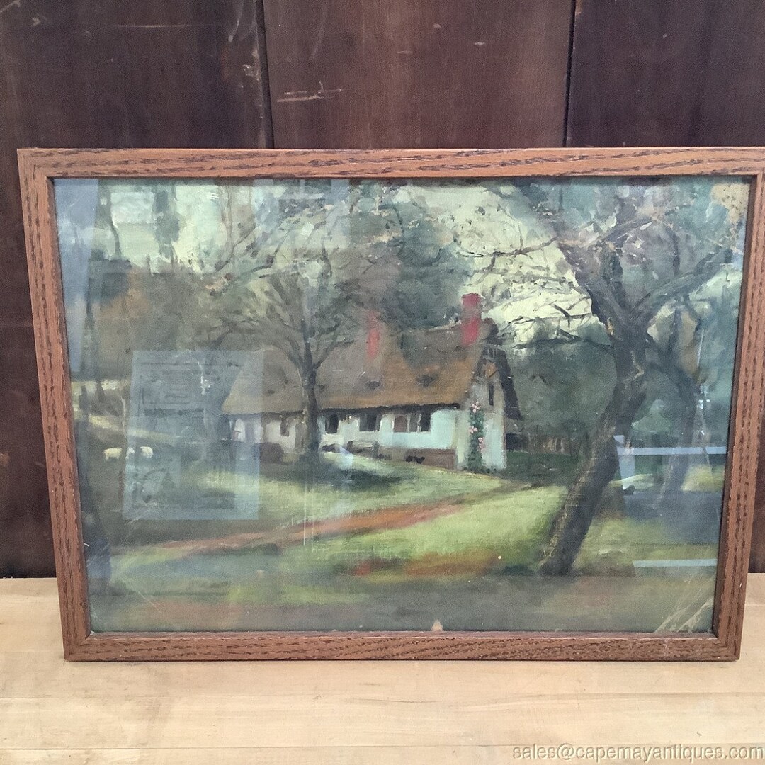 Old Oil Painting Under Glass European Cottage Thatched Roof Sheep in