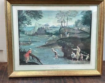 Vintage Print Landscape with Figures by Domenichino Italian Artist River Village