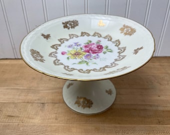 Vintage French Ligne Limoise Couleuvre Porcelain Cake Stand Floral Hand Painted