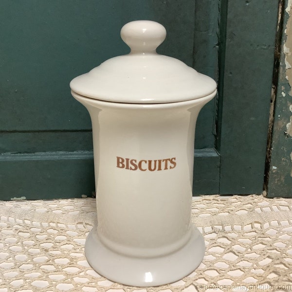 Biscuits Jar Canister Porcelain Farm House Decor Off White Gold Lettering