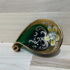 Vintage Art Glass Ash Tray Ring Dish Green Glass Hand Painted Gold Trim Boho