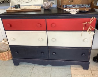 Maple 6 Drawer Dresser Painted Red White & Blue Nautical Beach Decor Vintage