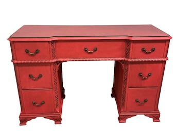 Asian Writing Desk Painted Red Brass Hardware Rope Turn Trim Glass Top 7 Drawers