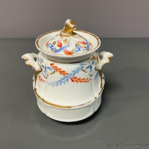 Antique Old Paris French Sugar Pot Canister Jar w Lid Orange Blue Pear Finial