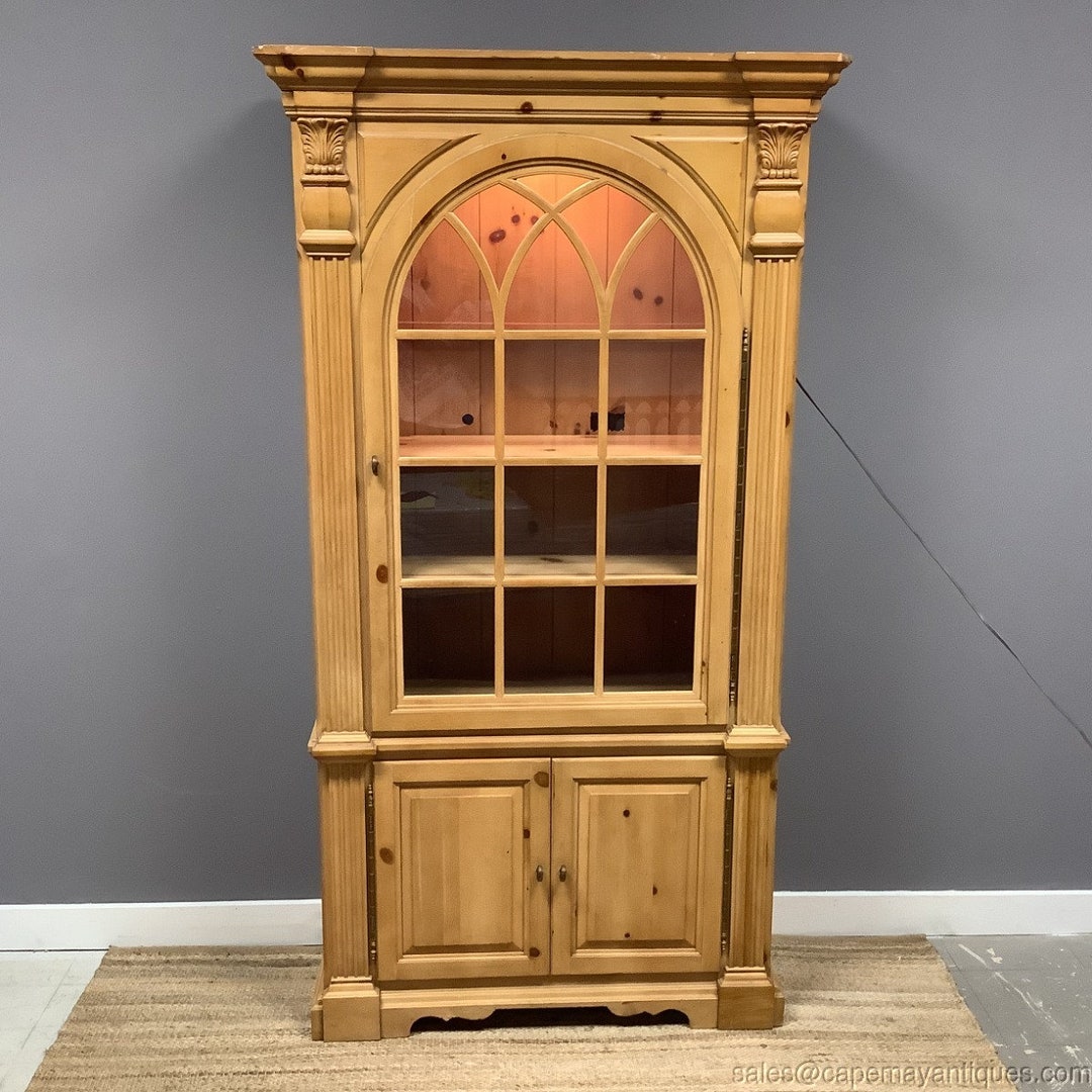 Vintage Arched Pine China Storage Bookcase Entertainment Glass