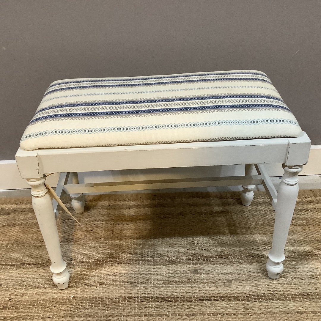 Upholstered Vintage Wood Bench Stool Painted White Blue Beige Fabric