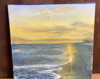 Vintage Painting on Canvas Beach Seashore Water's Edge Setting Sun Bright Sky
