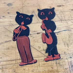 vintage S.E. Chats d'Halloween découpés avec des matrices Luhrs jouant du trombone de saxophone orange noir