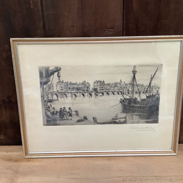 Cyril H Barraud Etching Print Old London Bridge Black Beige Raised Seal London